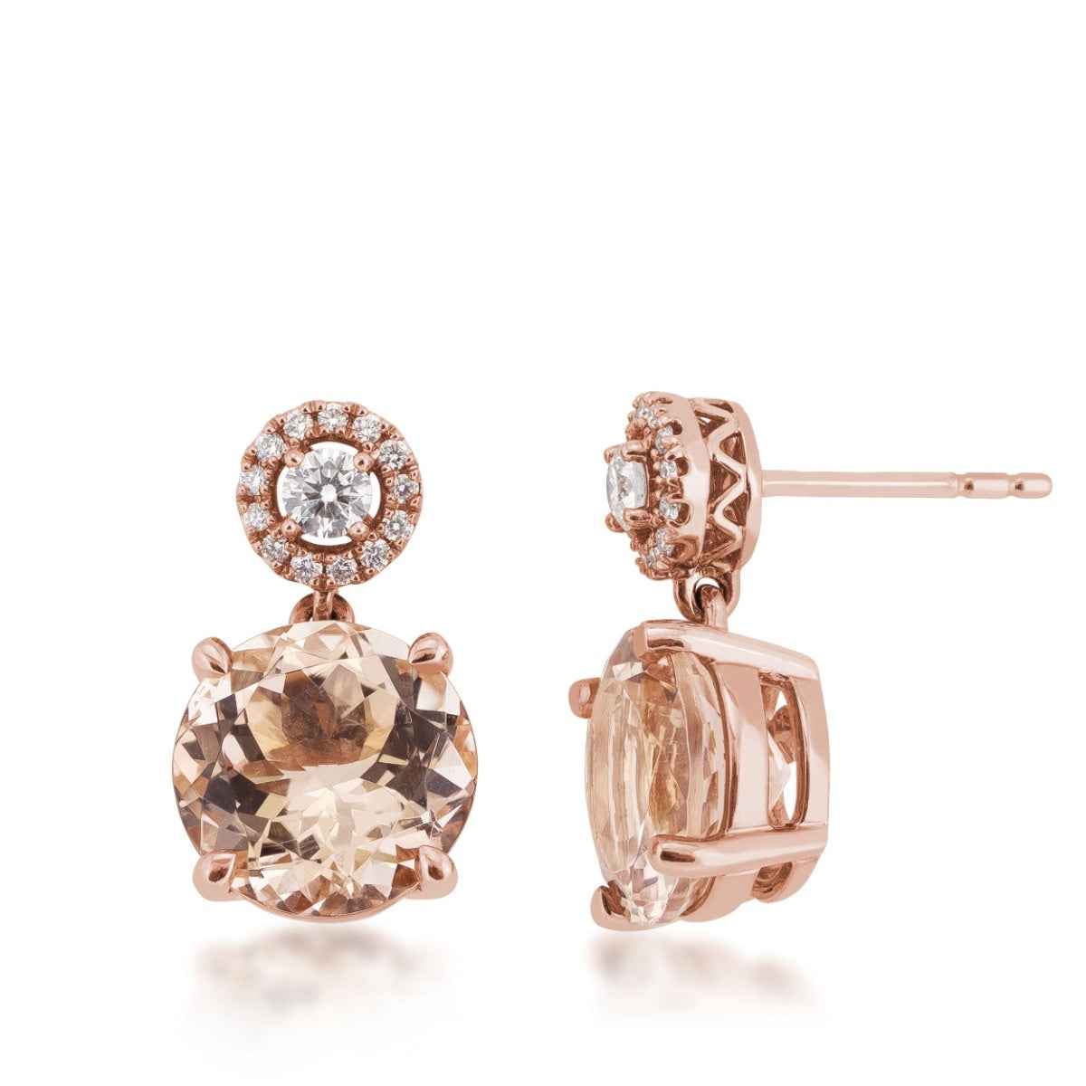 Round Morganite & 1/3 ct. tw. Diamond Drop Earrings in 18K Pink Gold