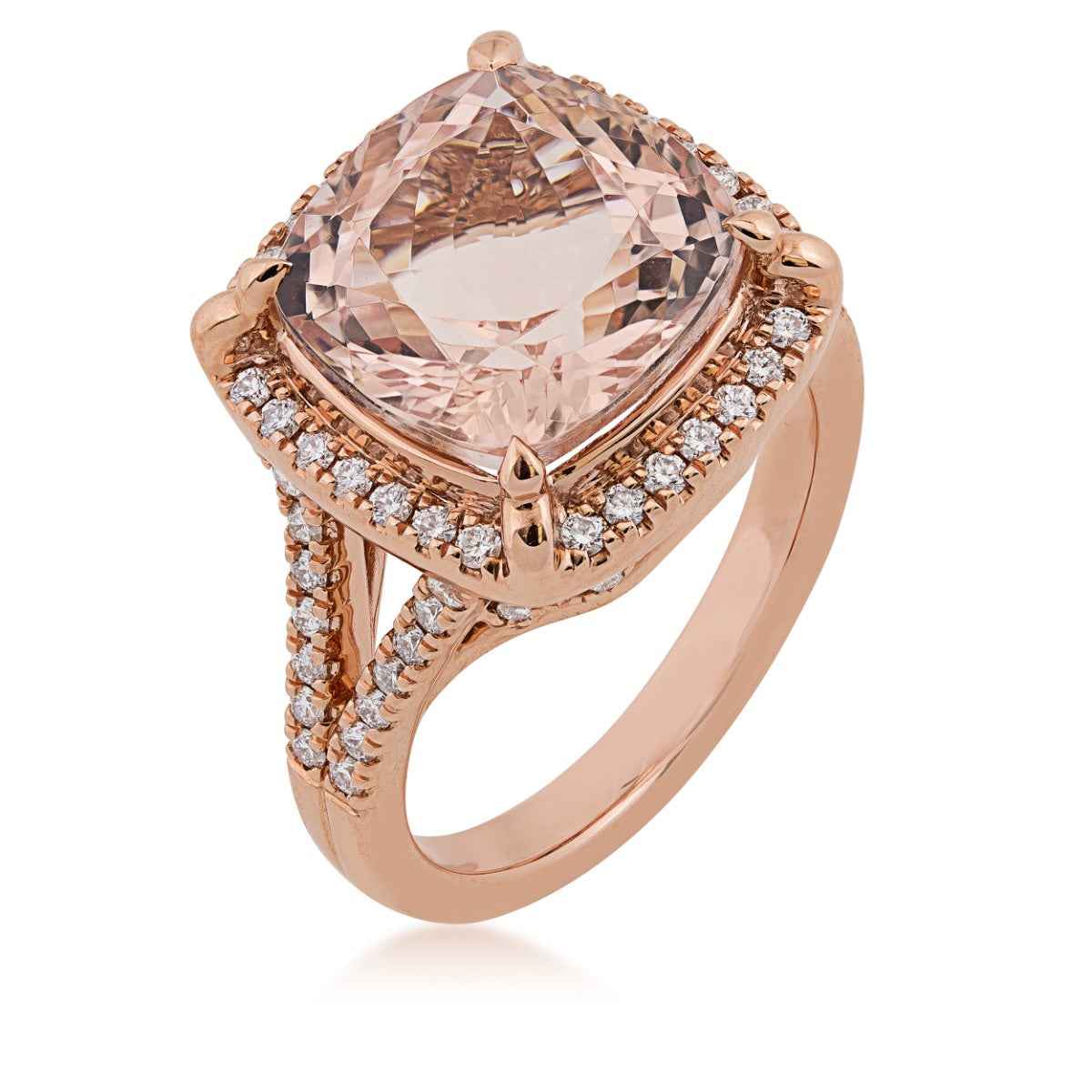 Cuhsion Morganite & 1/2 ct. tw. Diamond Halo Ring in 18K Pink Gold front view