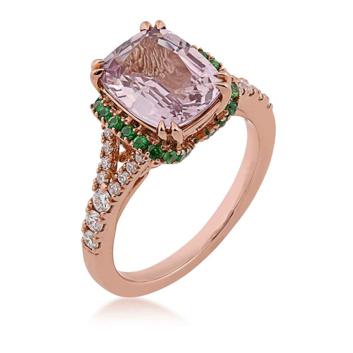 Cushion Pink Spinel, Tsavorite Garnet & 1/4 ct. tw. Diamond Ring in 18K Pink Gold front view