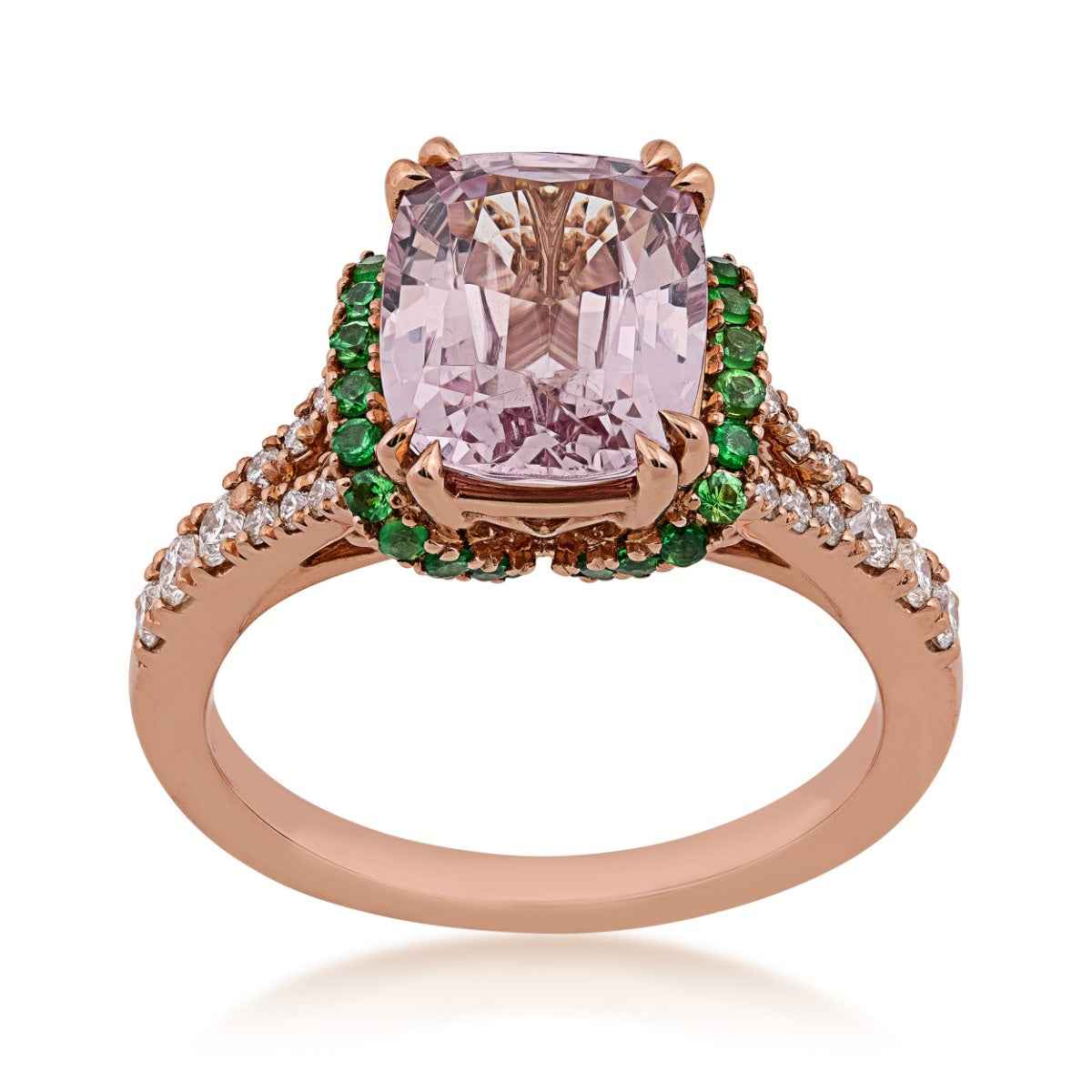 Cushion Pink Spinel, Tsavorite Garnet & 1/4 ct. tw. Diamond Ring in 18K Pink Gold