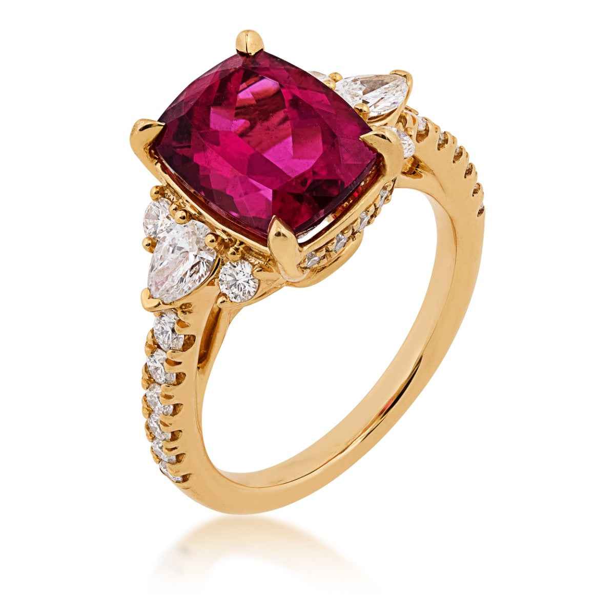 Cushion Rubelite & 3/4 ct. tw. Diamond Ring in 18K Yellow Gold front view
