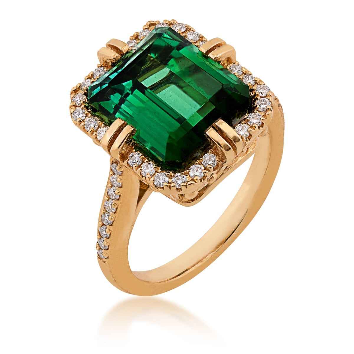 Emerald Cut Tourmaline & 1/3 ct. tw. Diamond Halo Ring in 18K Yellow Gold front view