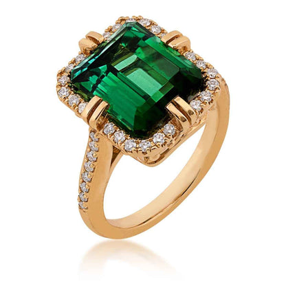 Emerald Cut Tourmaline & 1/3 ct. tw. Diamond Halo Ring in 18K Yellow Gold front view