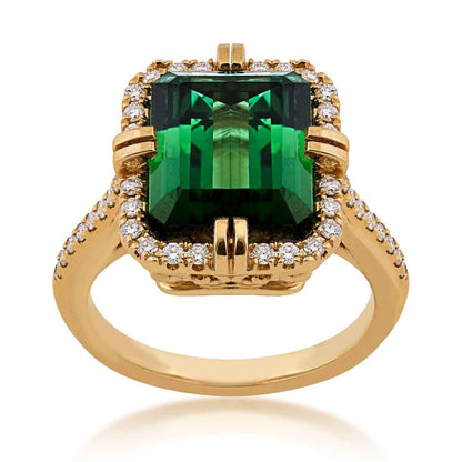Emerald Cut Tourmaline & 1/3 ct. tw. Diamond Halo Ring in 18K Yellow Gold