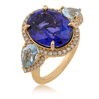 Oval Tanzanite, Pear Aquamarine, & 1/3 ct. tw. Diamond 3-Stone Ring in 18K Yellow Gold front view
