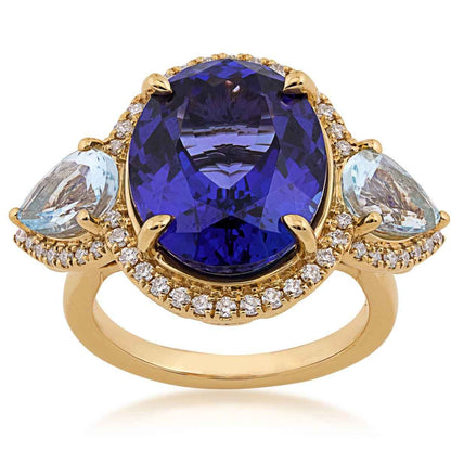 Oval Tanzanite, Pear Aquamarine, & 1/3 ct. tw. Diamond 3-Stone Ring in 18K Yellow Gold