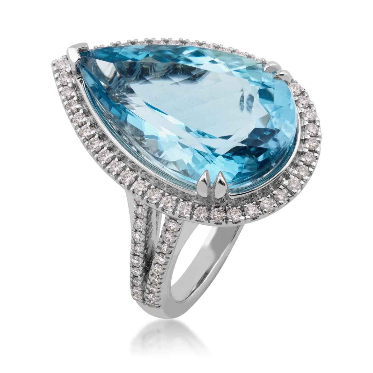 Pear Aquamarine & 1/2 ct. tw. Diamond Halo Ring in 18K White Gold front view