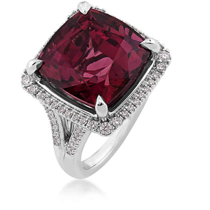 Cushion Rhodolite Garnet & 5/8 ct. tw. Diamond Halo Ring in 18K White Gold front view