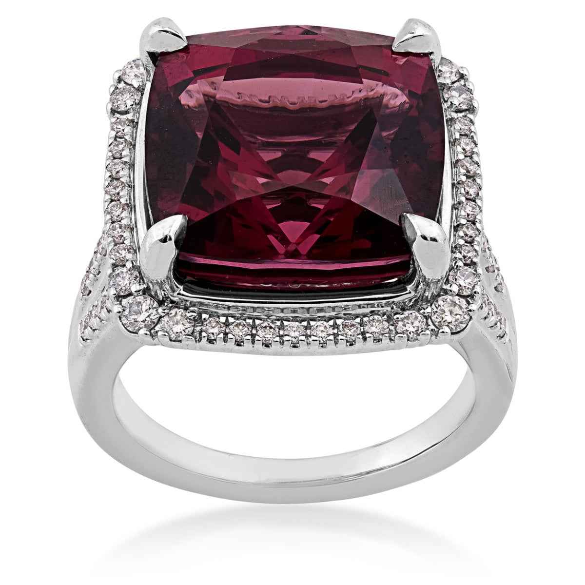 Cushion Rhodolite Garnet & 5/8 ct. tw. Diamond Halo Ring in 18K White Gold