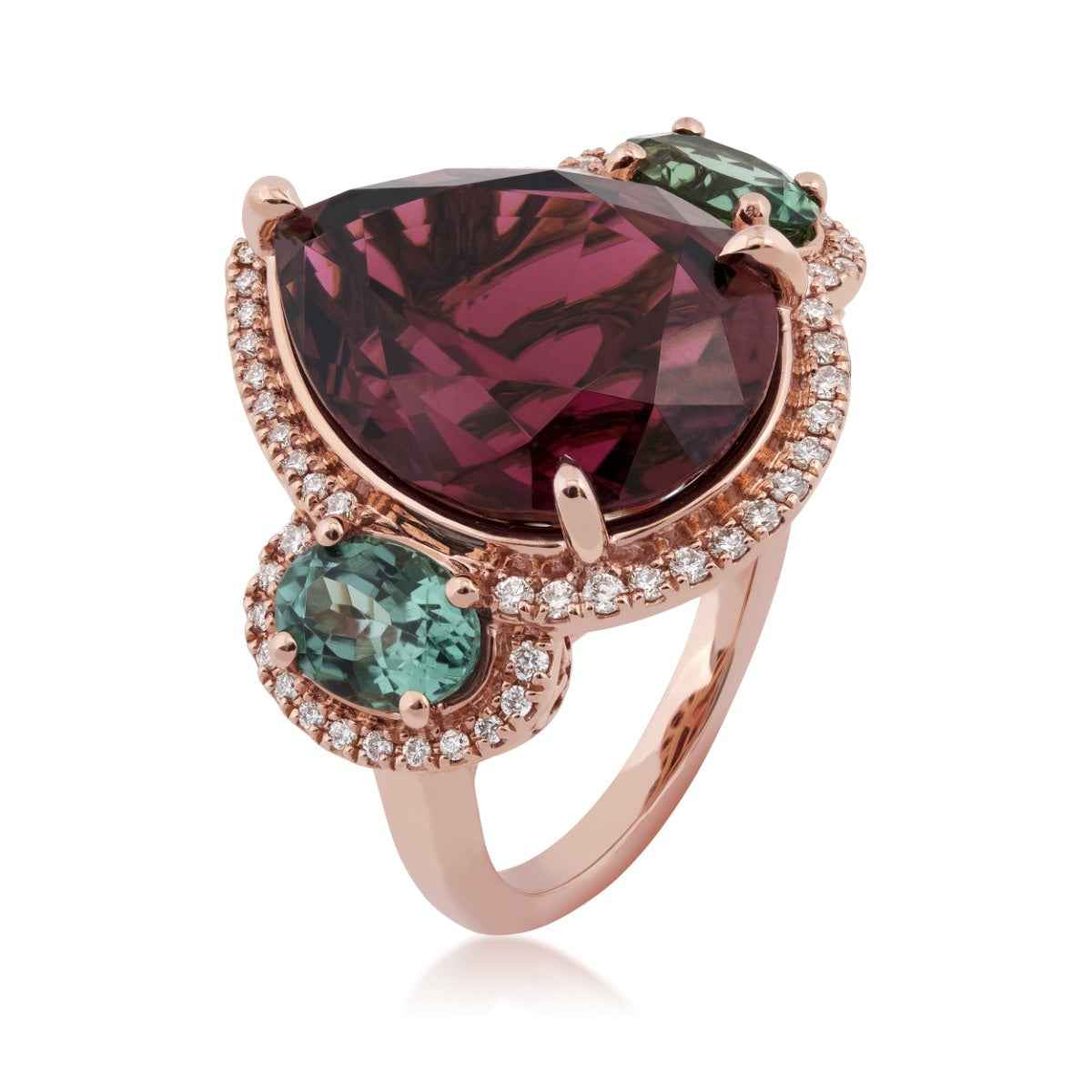 Pear Tourmaline, Tsavorite Garnet & 1/3 ct. tw. Diamond 3-Stone Ring in 18K Pink Gold front view