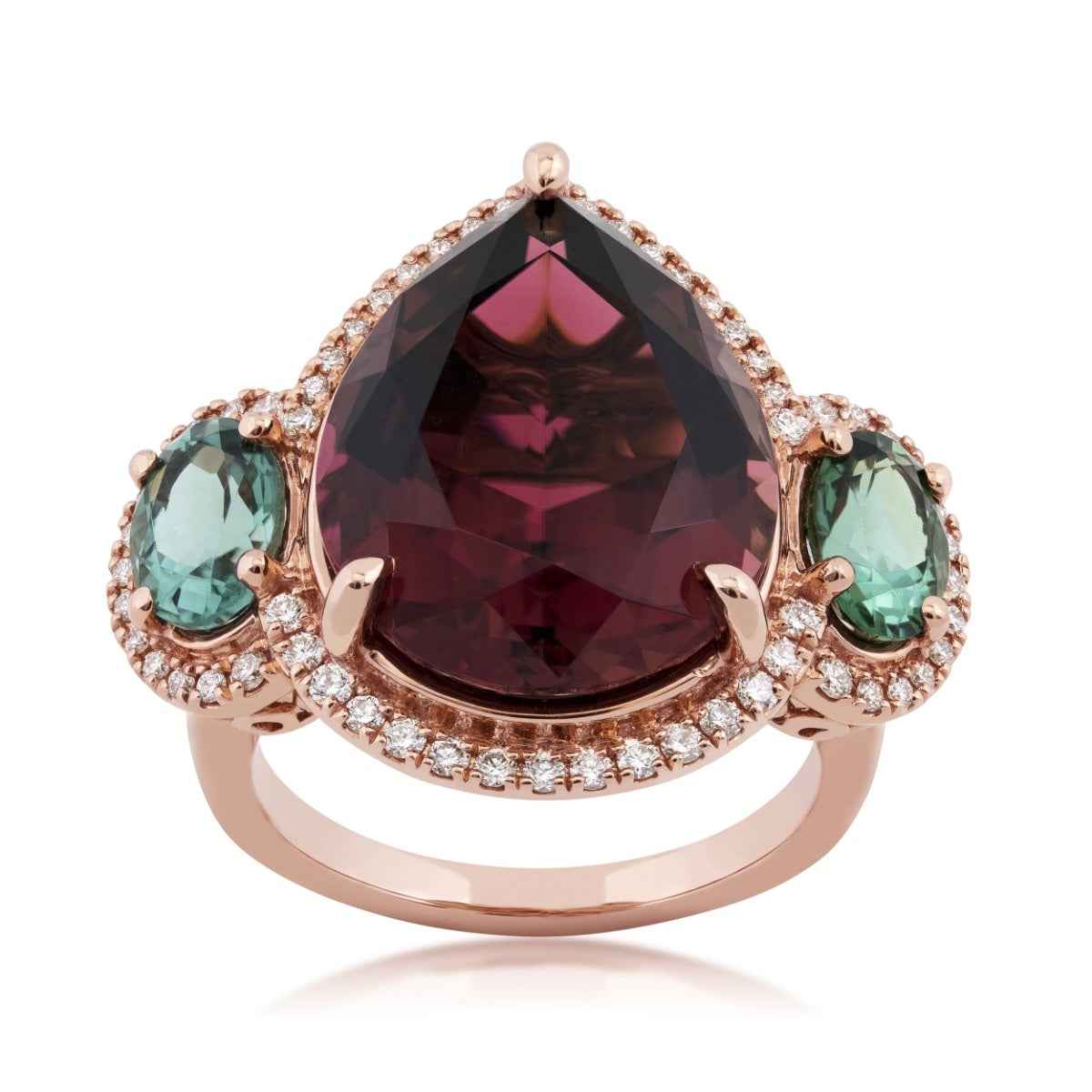 Pear Tourmaline, Tsavorite Garnet & 1/3 ct. tw. Diamond 3-Stone Ring in 18K Pink Gold