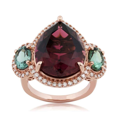 Pear Tourmaline, Tsavorite Garnet & 1/3 ct. tw. Diamond 3-Stone Ring in 18K Pink Gold