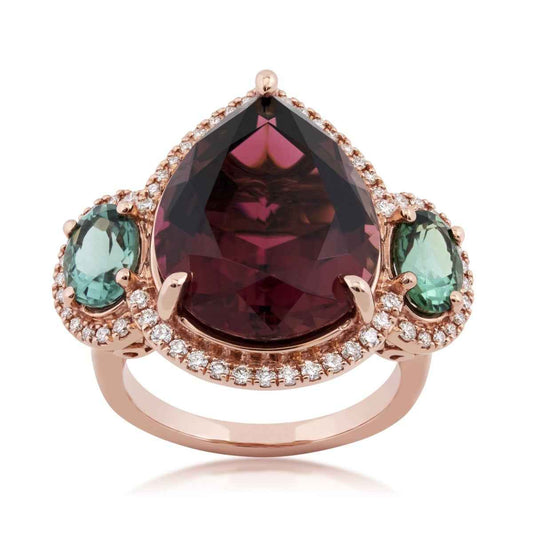 Pear Tourmaline, Tsavorite Garnet & 1/3 ct. tw. Diamond 3-Stone Ring in 18K Pink Gold