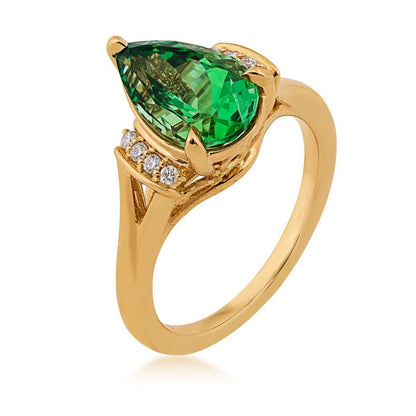Pear Tsavorite & Diamond Accent Ring in 18K Yellow Gold front view