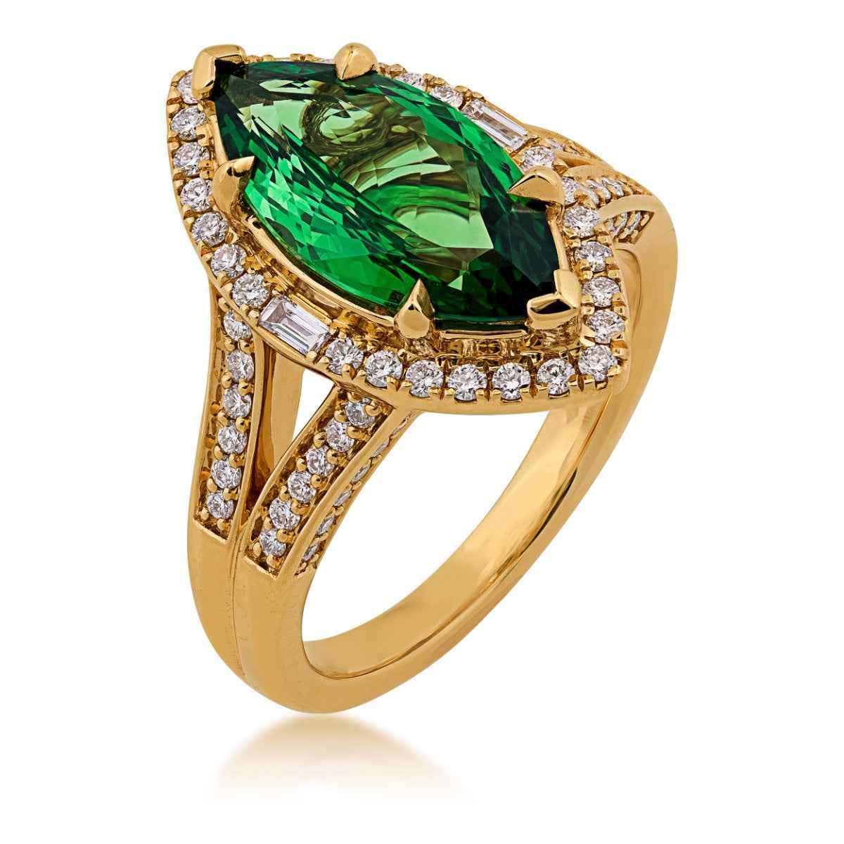 Marquise Tsavorite & 1/2 ct. tw. Diamond Halo Ring in 18K Yellow Gold front view