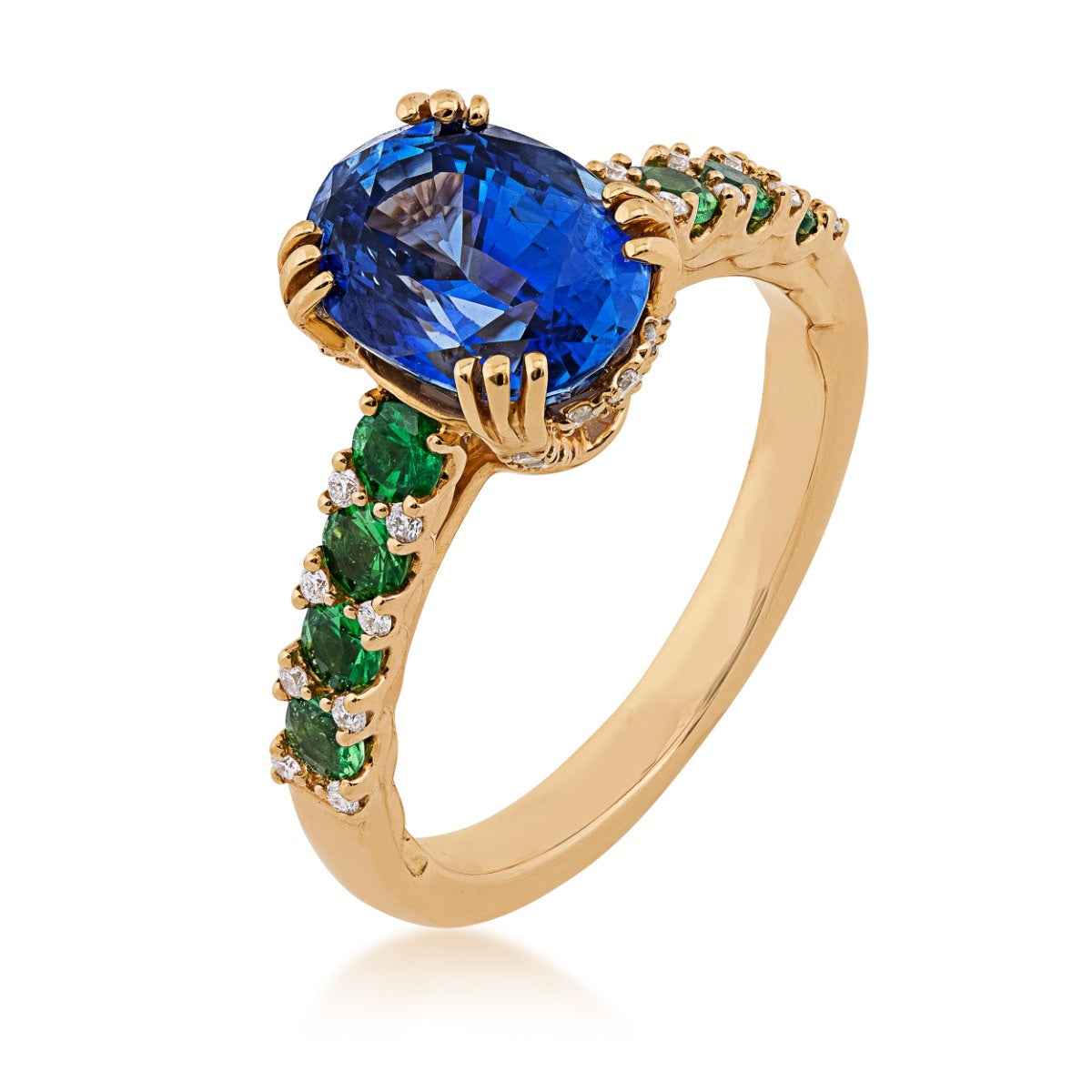 Oval Sapphire, Tsavorite Garnet & 1/8 ct. tw. Diamond Ring in 18K Yellow Gold front view
