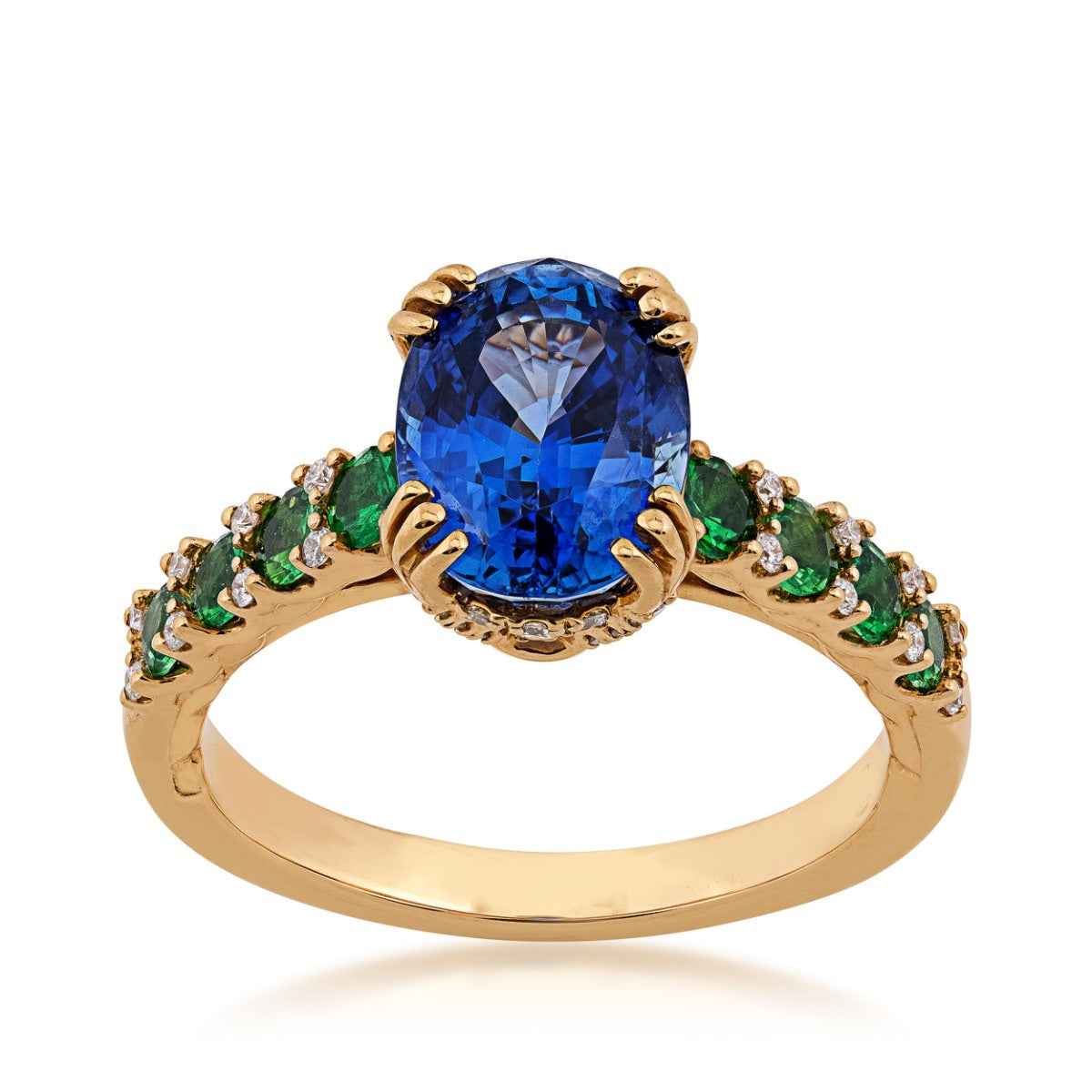 Oval Sapphire, Tsavorite Garnet & 1/8 ct. tw. Diamond Ring in 18K Yellow Gold