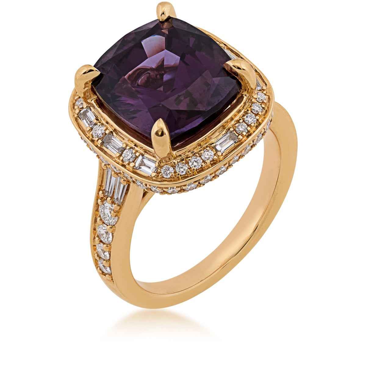 Cushion Color-Changing Garnet & 3/4 ct. tw. Diamond Halo Ring in 18K Yellow Gold front view
