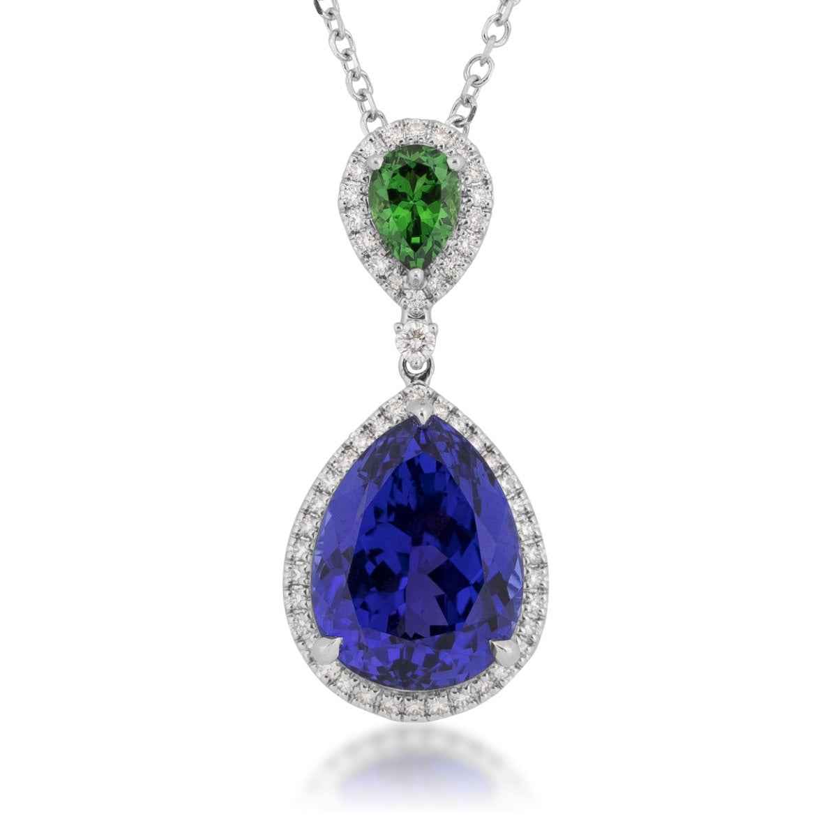 Pear Tanzanite, Tsavorite Garnet & 3/8 ct. tw. Diamond Pendant in 18K White Gold