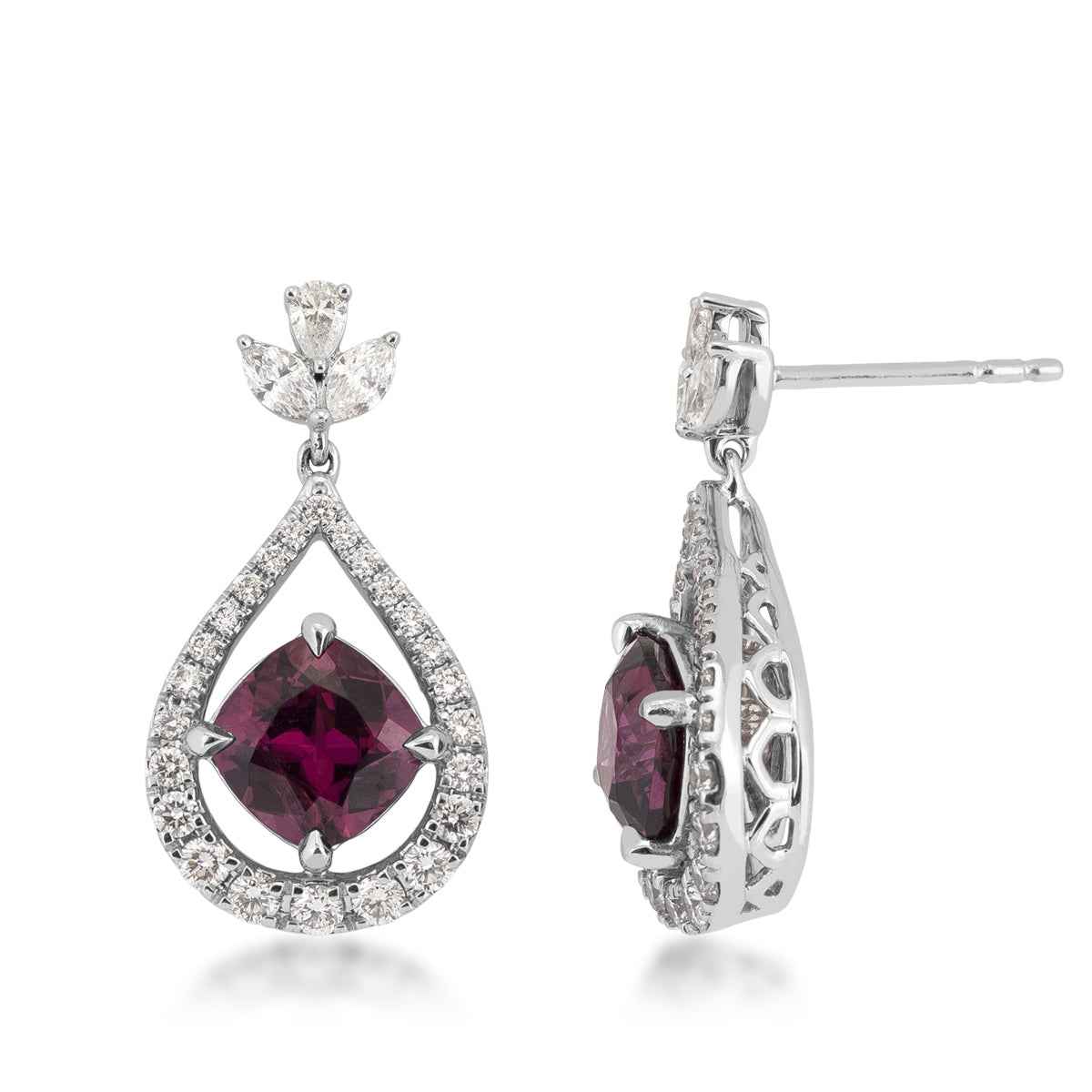 Cushion Garnet & 1/2 ct. tw. Diamond Drop Earrings in 18K White Gold