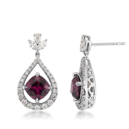 Cushion Garnet & 1/2 ct. tw. Diamond Drop Earrings in 18K White Gold