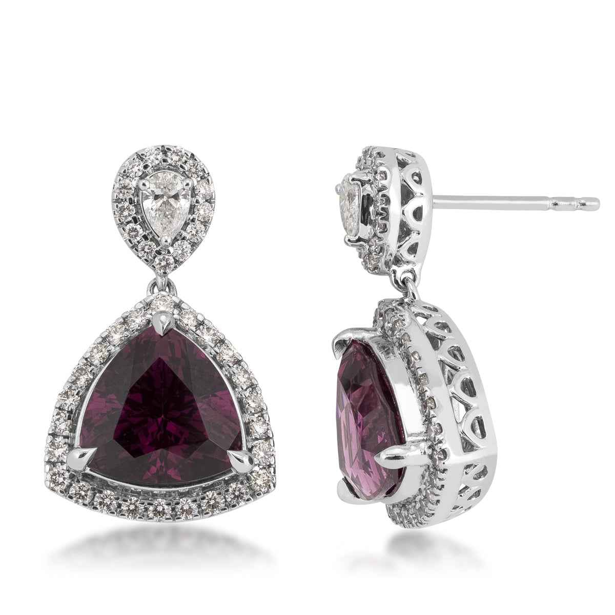 Trillion Garnet & 1 ct. tw. Diamond Drop Earrings in 18K White Gold