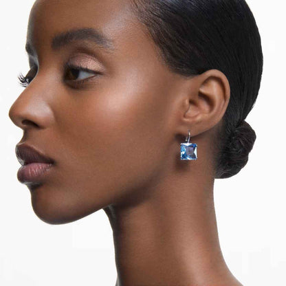 Swarovski Millenia Princess Cut Blue Crystal Dangle Earrings in White Rhodium Plating front view