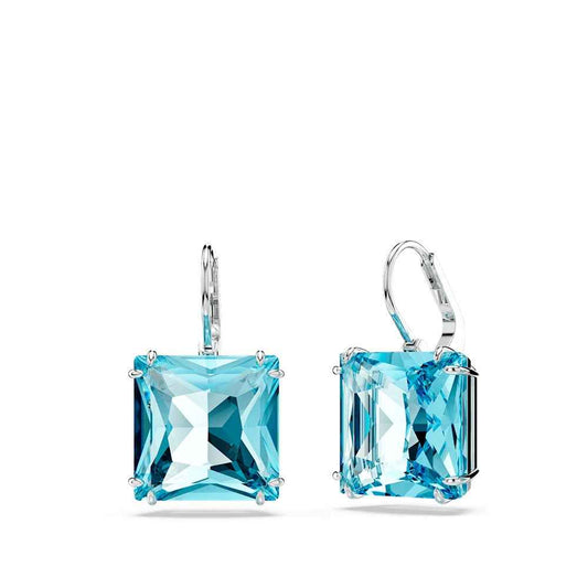 Swarovski Millenia Princess Cut Blue Crystal Dangle Earrings in White Rhodium Plating