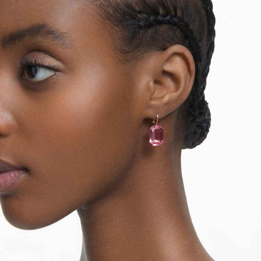 Swarovski Milenia Emerald Cut Pink Crystal Dangle Earrings in Pink Gold-Tone Plating front view