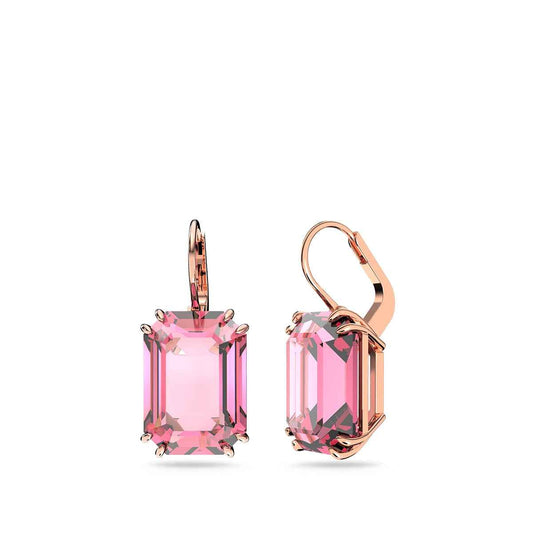 Swarovski Milenia Emerald Cut Pink Crystal Dangle Earrings in Pink Gold-Tone Plating