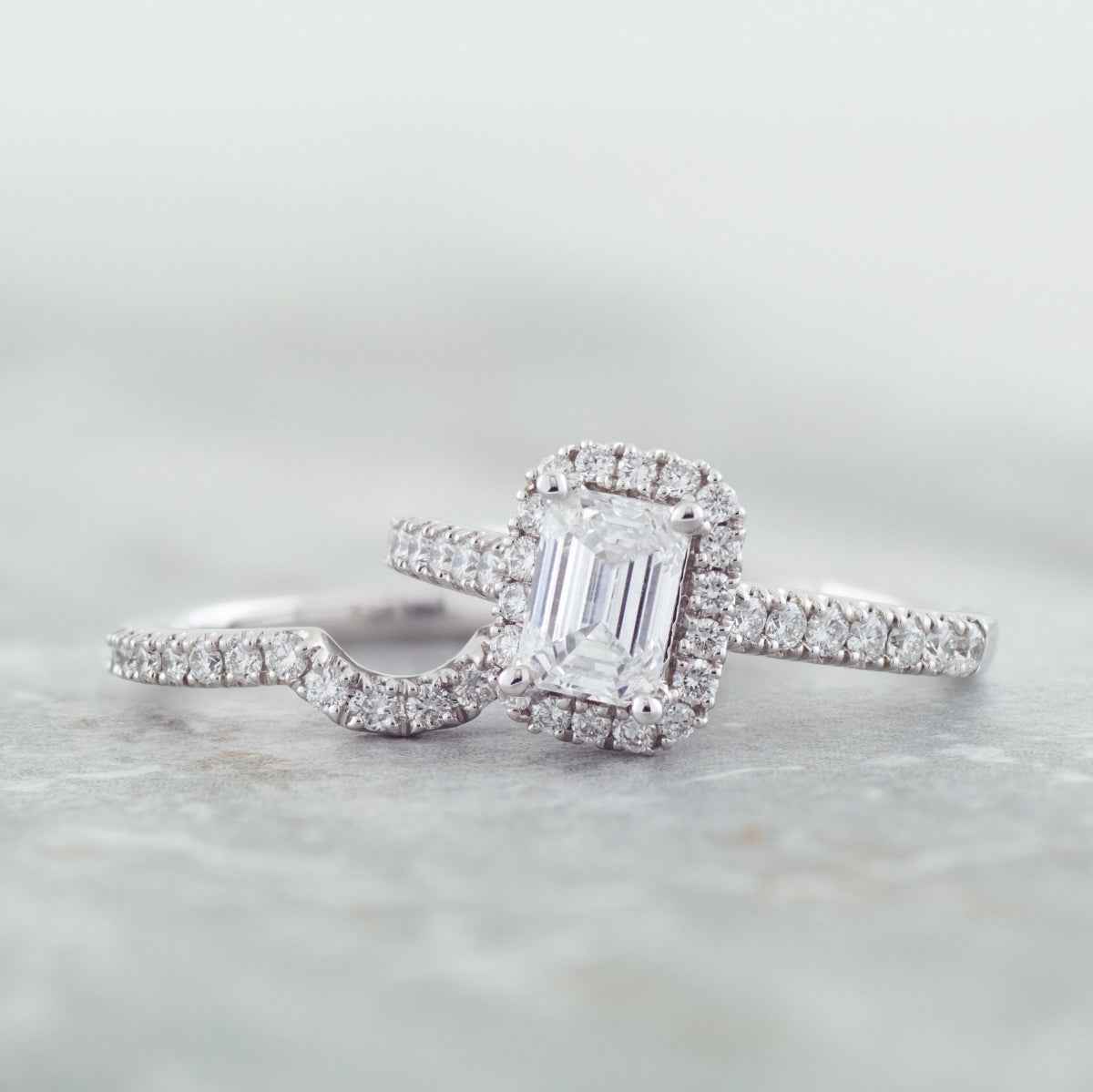 Adamante 1-3/4 ct. tw. Lab-Grown Emerald Cut Diamond Halo Wedding Set in 14K White Gold front view