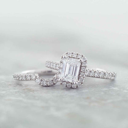Adamante 1-3/4 ct. tw. Lab-Grown Emerald Cut Diamond Halo Wedding Set in 14K White Gold front view
