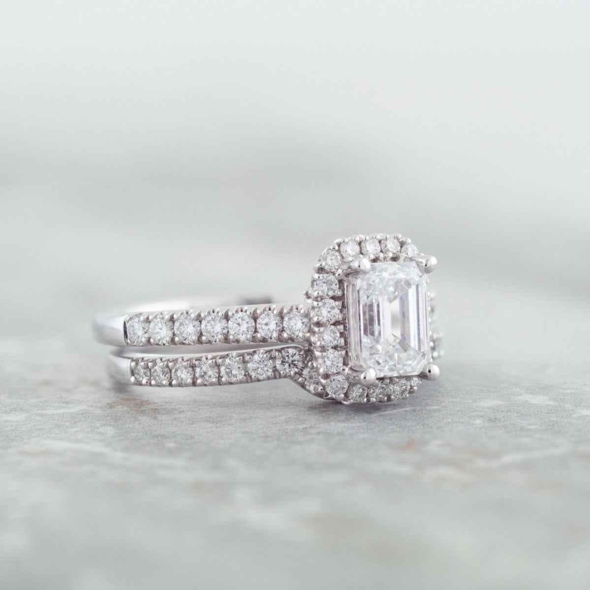 Adamante 1-3/4 ct. tw. Lab-Grown Emerald Cut Diamond Halo Wedding Set in 14K White Gold close-up detail