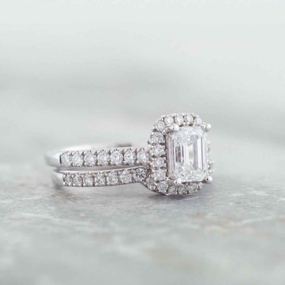 Adamante 1-3/4 ct. tw. Lab-Grown Emerald Cut Diamond Halo Wedding Set in 14K White Gold close-up detail