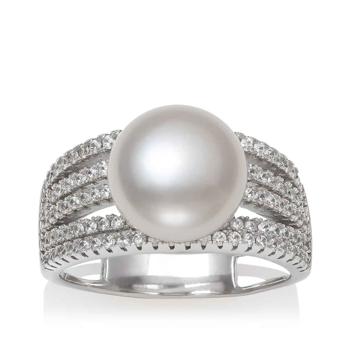 10-11mm White Freshwater Pearl Ring with Created White Sapphire Band in Sterling Silver