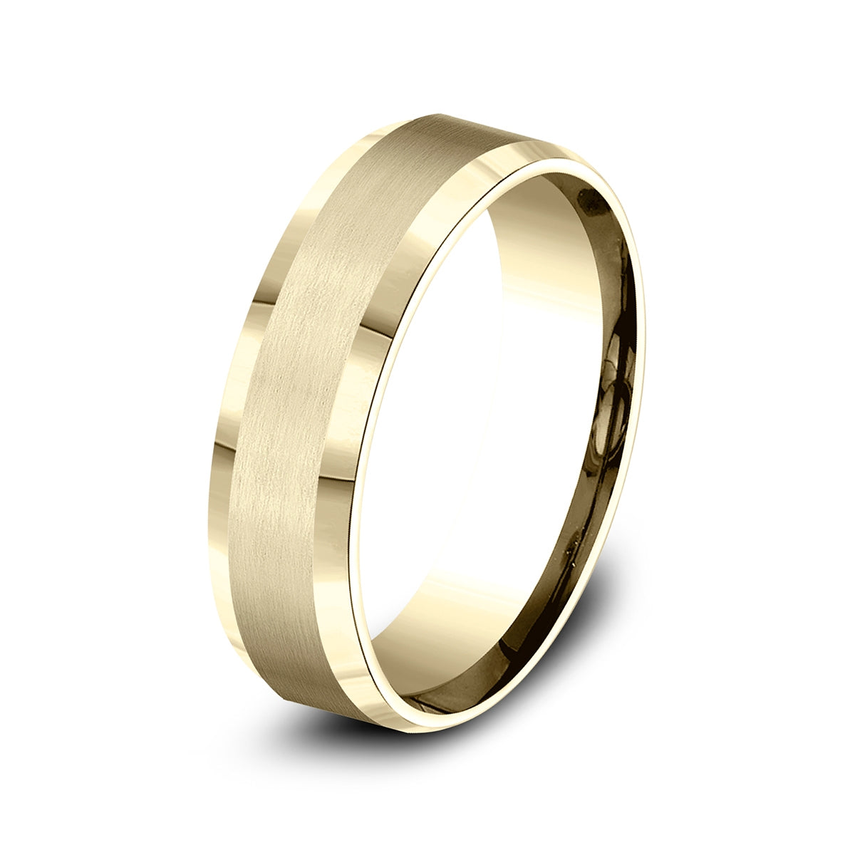 Benchmark Men's 6mm Satin Finish Beveled Edge Wedding Ring in 10K Yellow Gold front view