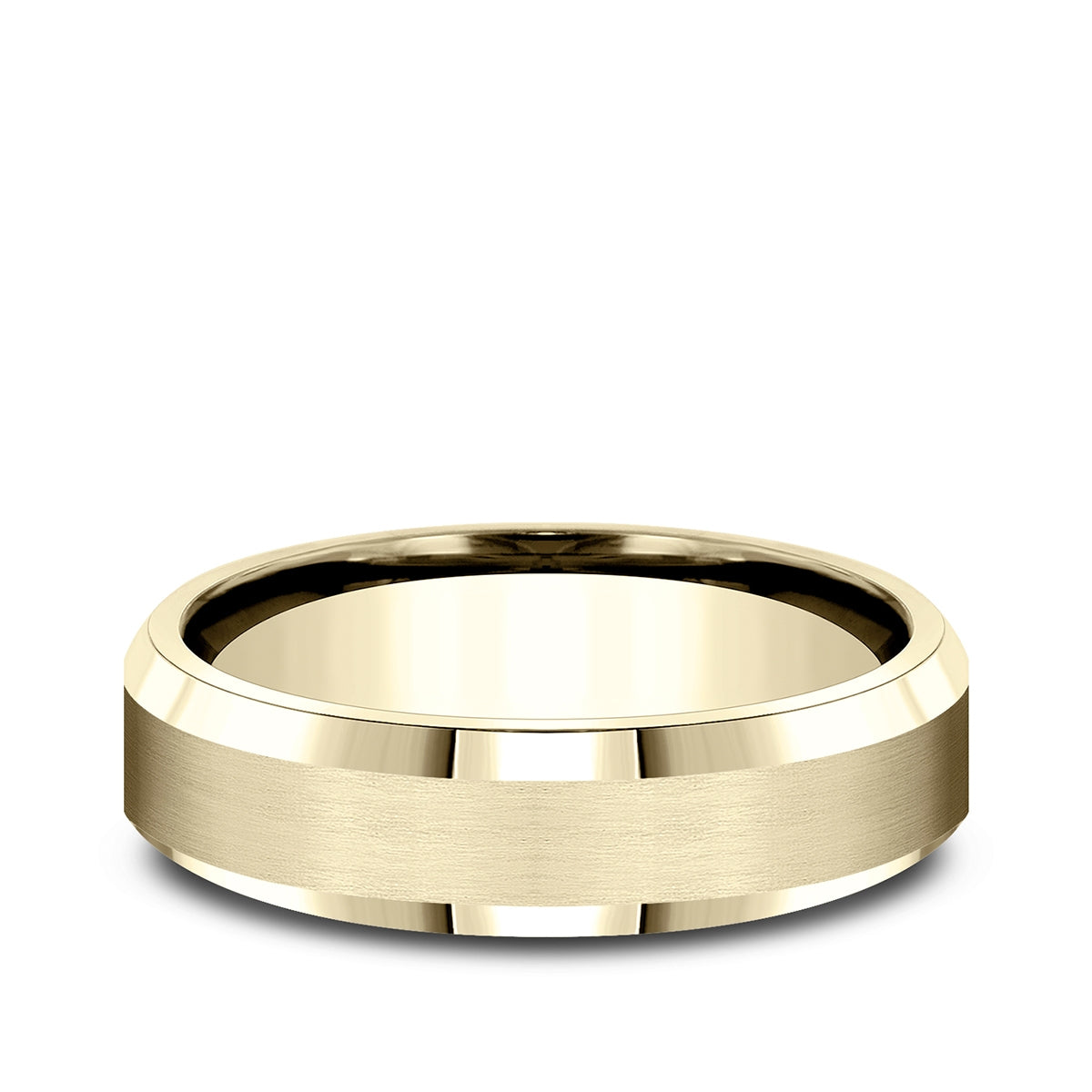 Benchmark Men's 6mm Satin Finish Beveled Edge Wedding Ring in 10K Yellow Gold close-up detail