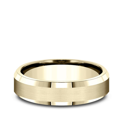 Benchmark Men's 6mm Satin Finish Beveled Edge Wedding Ring in 10K Yellow Gold close-up detail