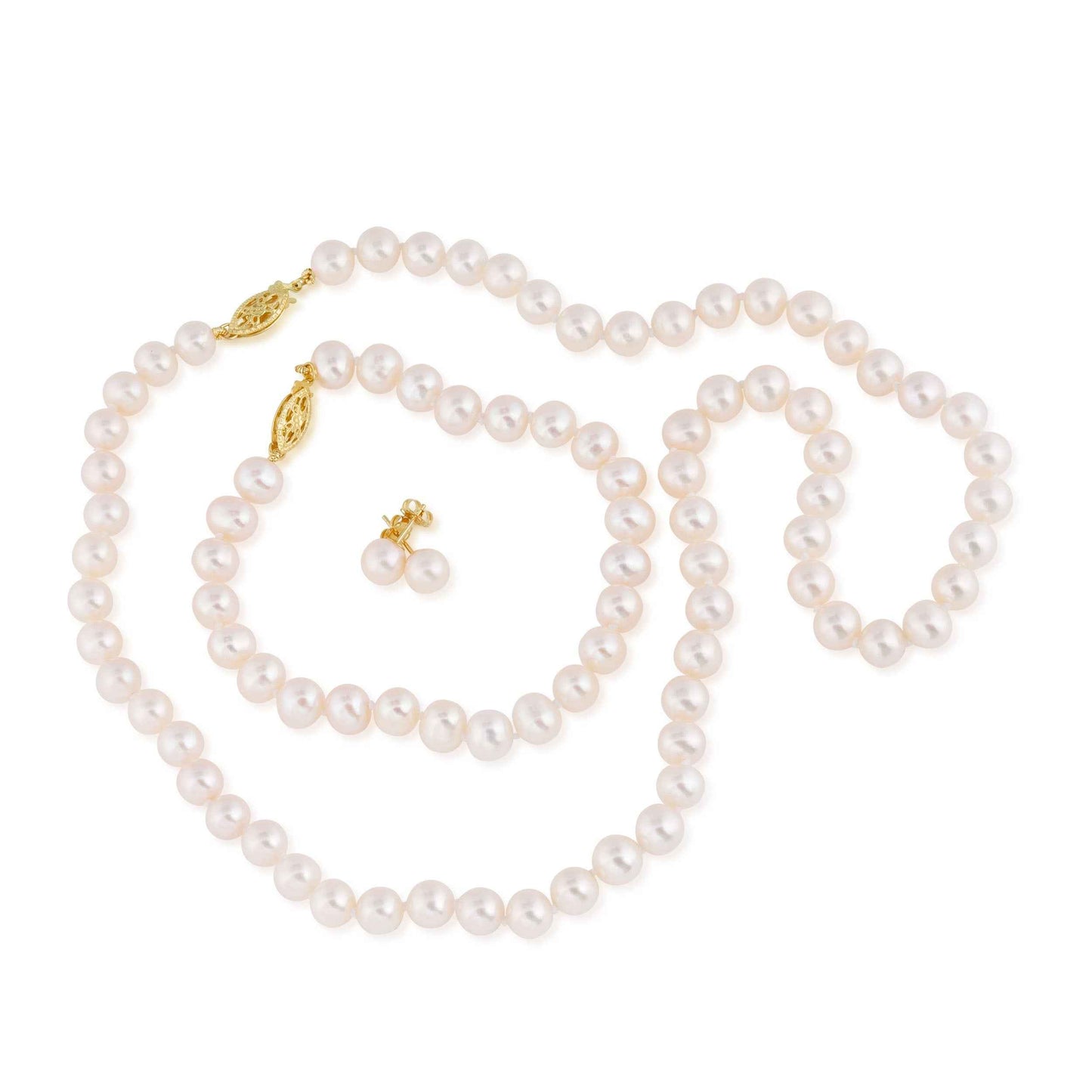 Freshwater Pearl Necklace Bracelet and Earring Set with 14K Yellow Gold Filigree Clasp