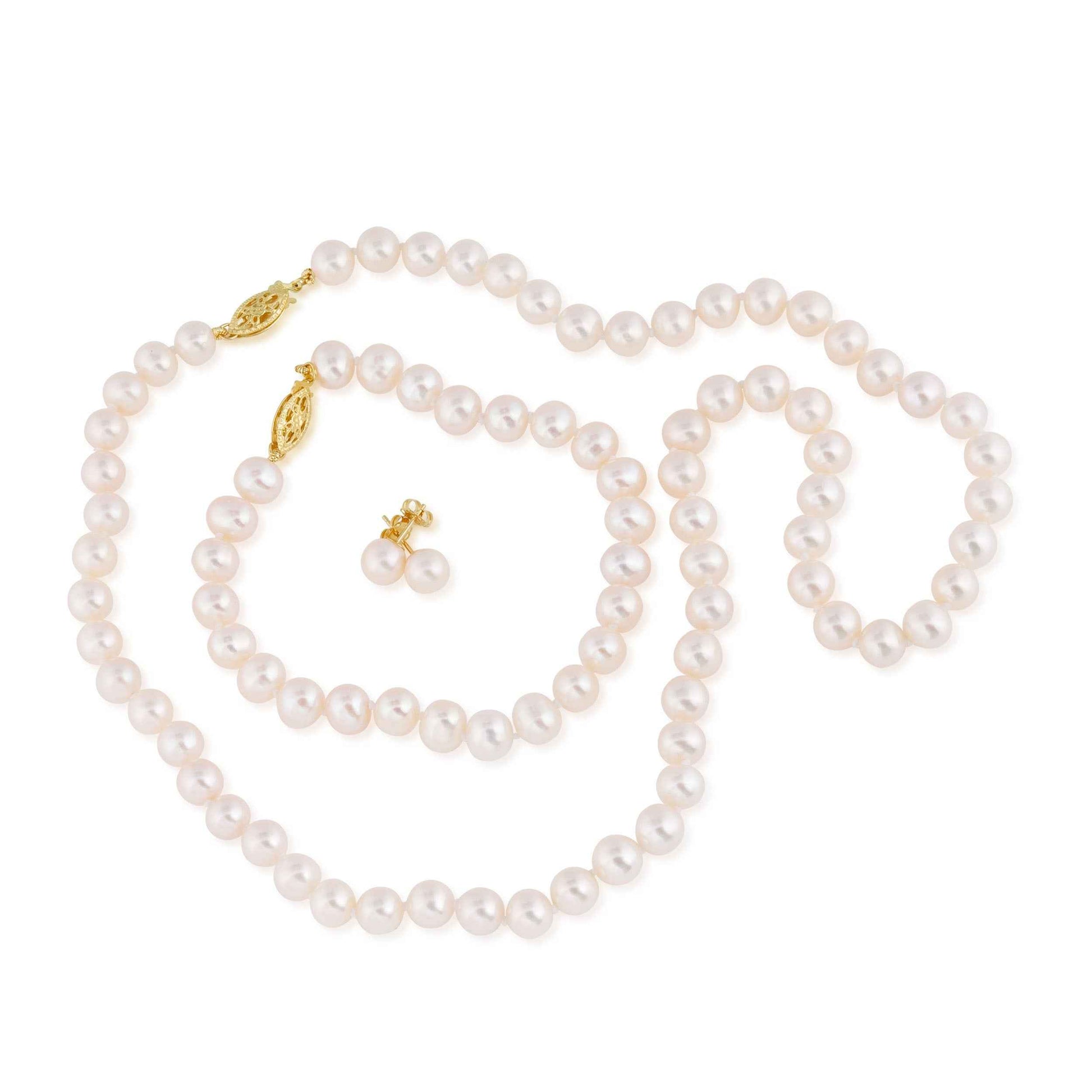 Freshwater Pearl Necklace Bracelet and Earring Set with 14K Yellow Gold Filigree Clasp