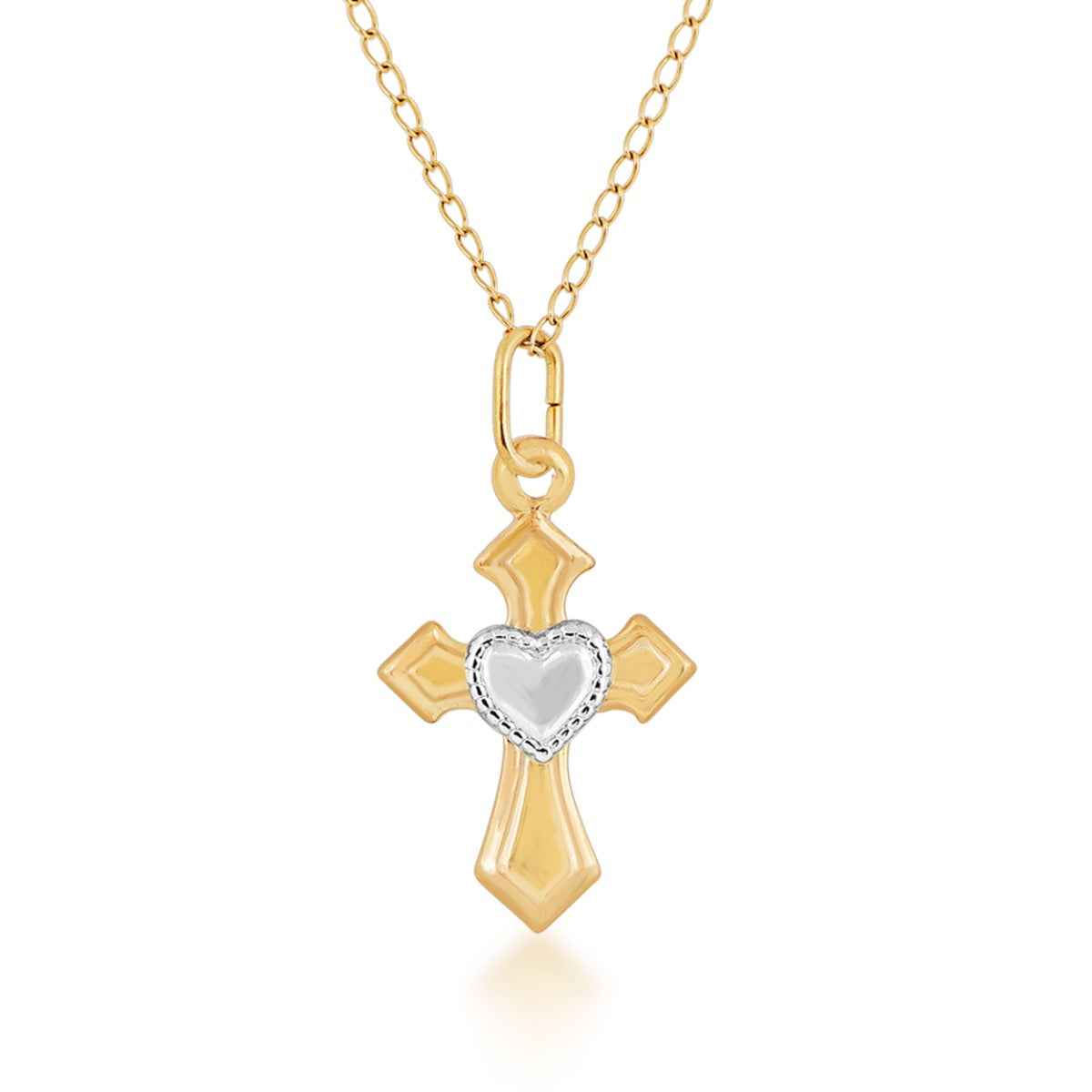 Children's Cross Pendant with Beaded Heart in 14K Yellow & White Gold