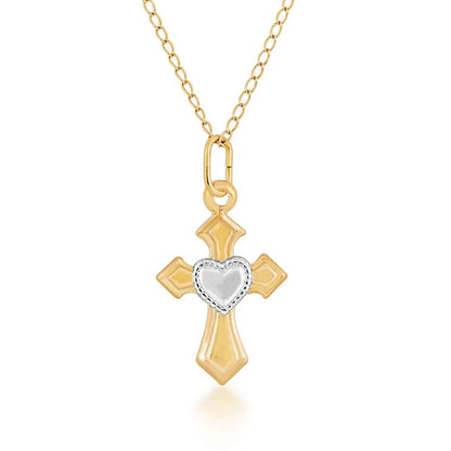 Children's Cross Pendant with Beaded Heart in 14K Yellow & White Gold