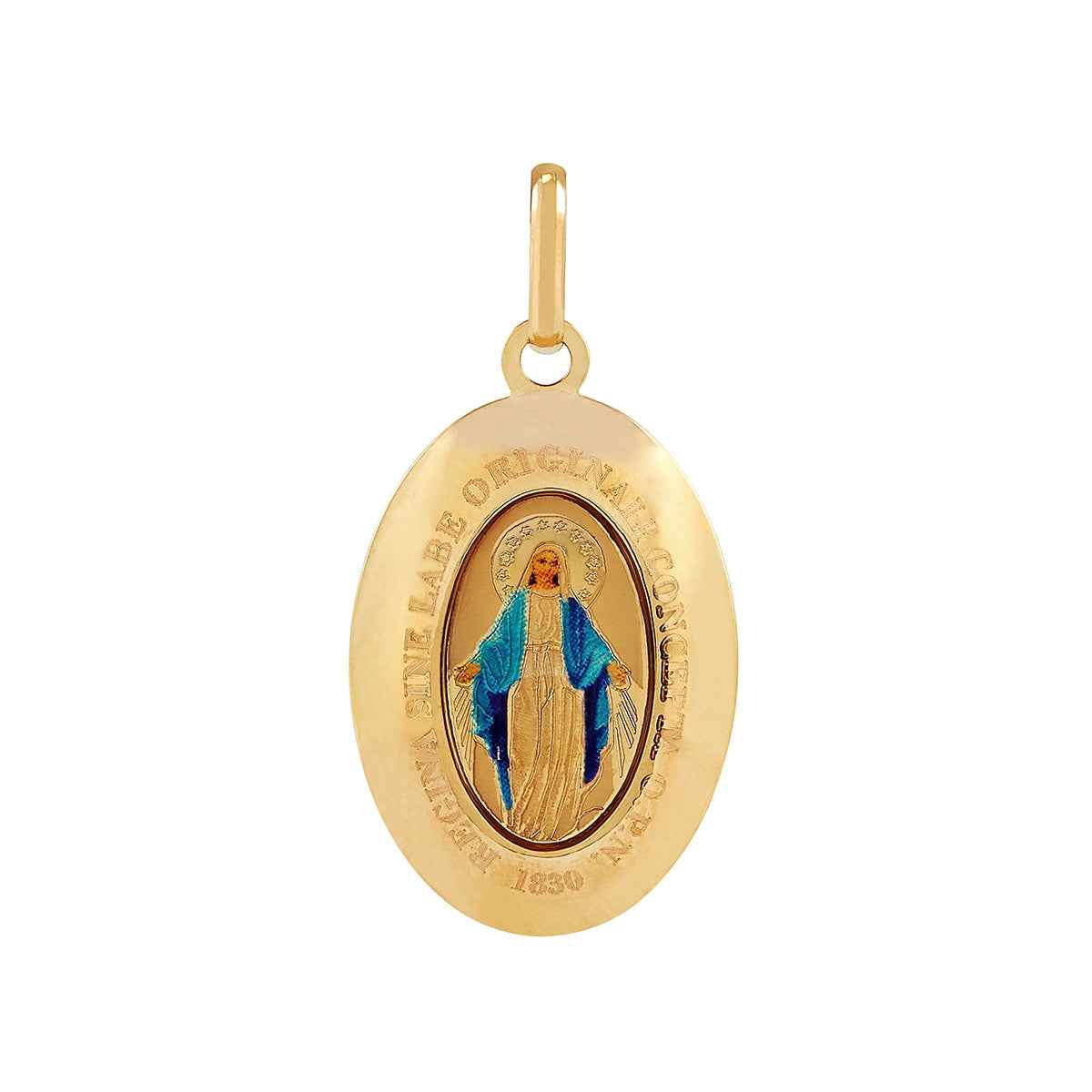 Oval Miraculous Virgin Mary Medal Pendant in 14K Yellow Gold