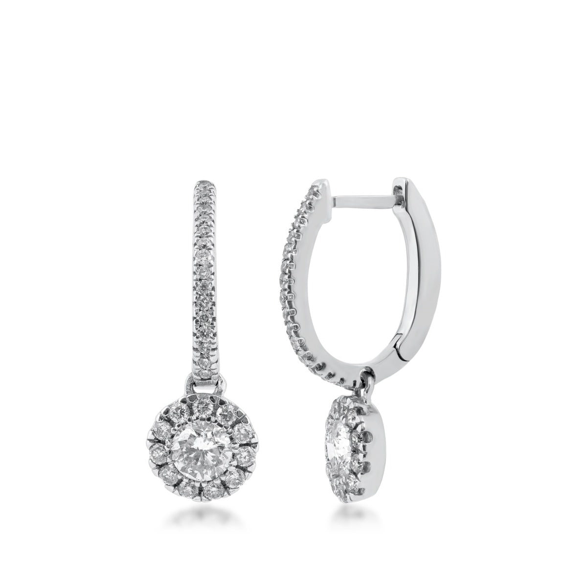 5/8 ct. tw. Diamond Huggie Hoop Earrings with Round Halo Dangle in 14K White Gold