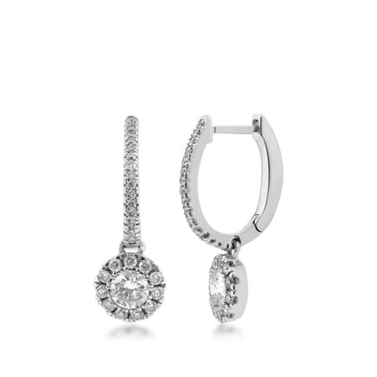 5/8 ct. tw. Diamond Huggie Hoop Earrings with Round Halo Dangle in 14K White Gold