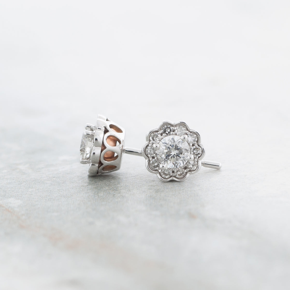 1/2 ct. tw. Diamond Scalloped Halo Earrings in 10K White & Pink Gold front view