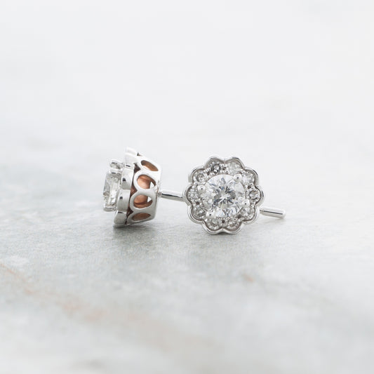 1/2 ct. tw. Diamond Scalloped Halo Earrings in 10K White & Pink Gold front view