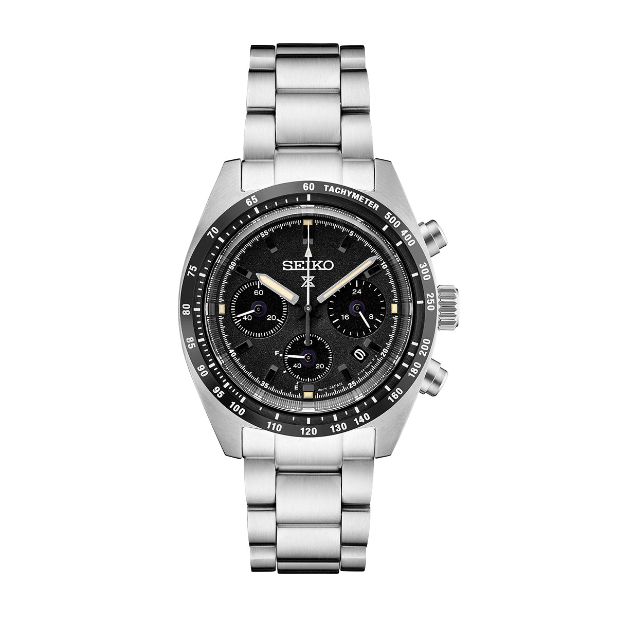 Seiko Prospex Speedtimer solar chronograph with black dial, stainless steel bracelet and tachymeter bezel