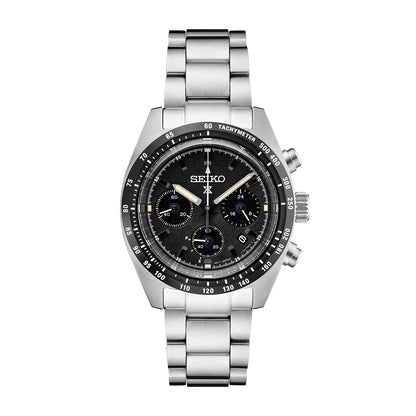 Seiko Prospex Speedtimer solar chronograph with black dial, stainless steel bracelet and tachymeter bezel