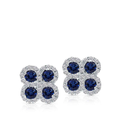 Kallati Round Sapphire & 1/6 ct. tw. Diamond Quatrefoil Earrings in 14K White Gold front view